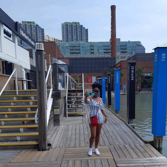 Lulus Beach House Blue and White Striped Off-the-Shoulder Romper, Size XS - Picture 3 of 8